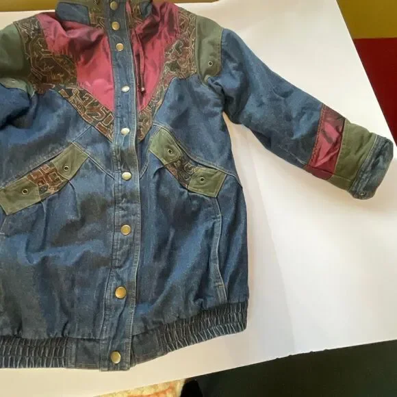 Vintage 90’s women’s size Med denim patchwork coat Aztec inspired - Picture 4 of 14